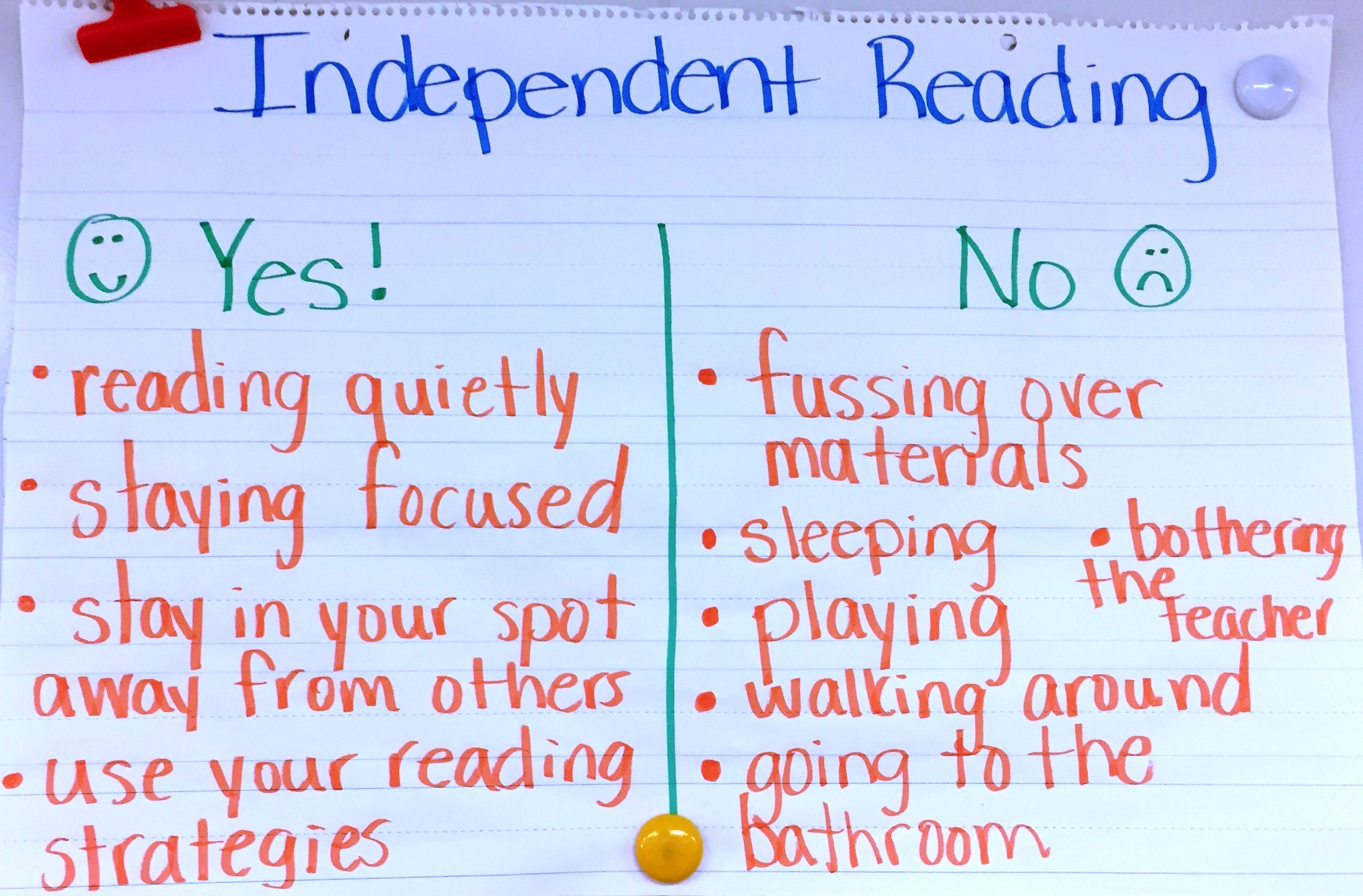 Independent Reading Yes/No Chart